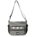 Grey workwear style large capacity messenger bag for students and commuters with pins - With Badges / Gray