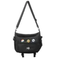 Black canvas utility messenger bag featuring decorative badges and an adjustable strap - With Badges / Black