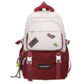 Two-tone school backpack for students featuring stylish patches in cream and burgundy colors - Without Pendant / Red