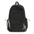 Vue de face sac à dos scolaire noir à carreaux grande capacité avec détails de cordons blancs - L / Noir