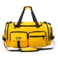 Detailed view of the vibrant yellow multi-pocket sports fitness duffel bag with black straps. - Yellow