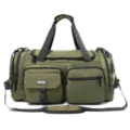 Detailed front view of an olive green sports gym duffel bag with multiple pockets - Green