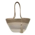 Detail view of a woven striped beach tote bag with a decorative tassel and beads - One Size / Gradient Striped Style (1103141) / Gradient Khaki