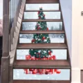 Detailed view of 3D Christmas snow scene stickers applied to indoor wooden staircase - 6 Sheets (18x100cm) / SP-T102 Christmas Tree Gift