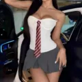 Women white strapless corset top with striped tie and pleated mini skirt sexy hot girl outfit - XS / Tops / White