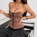 Retro plaid strappy corset top, vintage bustier top, chic streetwear sexy women's clothing. - S / Brown