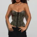 Detailed view of green plaid corset top with front lace-up and strapless design. - S / Green