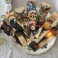 Close-up of vintage steampunk bookmarks featuring mechanical owl and wolf illustrations - 30 Sheets
