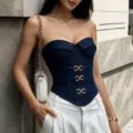 Fashion dark blue denim strapless bustier top for women, slim fit off shoulder corset. - S / Denim Blue