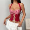Top corset dos-nu à carreaux vichy rouge et blanc avec laçage avant, mode streetwear stylée. - S / Rouge