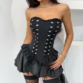 Gothic black corset top and ruffled skirt set, metal buckle lace-up bustier streetwear. - S / Black