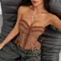 Brown ruffled strapless corset top with lace-up ribbon details and flattering short bustier fit. - S / Brown