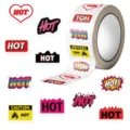 Close-up of vibrant HOT and CAUTION graphic stickers on a roll of decorative craft tape - Style 1 / 500 Pieces/Pack