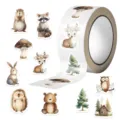 Vista dettagliata di simpatici adesivi di animali della foresta ad acquerello in rotolo - Serie Animali della Foresta / 500 Pezzi/Confezione