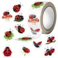 Detail view of cute cartoon ladybug sticker roll with various red and black insect designs - Cartoon Ladybug (JJT320) / 500 Sheets/Roll