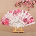 Éventail pliable de style chinois avec motif floral rose, éventail en plastique portable pour femmes - Rose Blanc