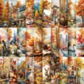 Collage of 30 artistic autumn oil painting bookmarks featuring cozy fall landscape designs - Autumn Oil Painting Style