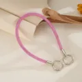 Detail view of pink rhinestone mesh rope phone strap with silver ring buckles - Rose Red Mesh Rhinestone Chain (K6576)