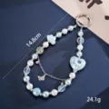 Blue and white beaded phone strap with heart and cloud pendants, 14.8cm long charm - Cloud and Floral Heart Pendant / Light Blue
