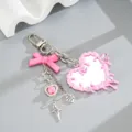 Llavero espejo corazón rosa estilo Y2K con lazo de cinta y colgantes de estrella plata - Colgante Espejo Corazón + Estrella (K6435)