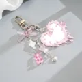 Pink fluid heart mirror keychain with gummy bear and bow charms for bag decor. - Bear + Heart Mirror Pendant (K6430) / Light Pink
