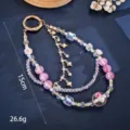 Detail of beaded phone strap with gold foil pink beads and heart charms - Purple Heart Flower Style (K6329)