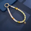 Handmade colorful beaded phone charm strap with gold alloy square pendant and clasp - Beaded Square Pendant Charm / Pink Green (K1484)