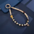 Elegant New Chinese style handmade beaded phone charm with a golden square pendant charm - Beaded Square Pendant Charm / Black (K1485)