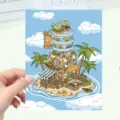 Adesivo mondo in miniatura cartone animato kawaii con isola tropicale e casetta. - Isola del Cocco / 3 Pezzi/Confezione