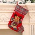 Grande chaussette de Noël avec renne en peluche 3D, sac cadeau à carreaux rouges. - Cerf