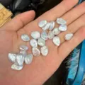 Vista macro de perlas barrocas de gota iridiscentes sostenidas en la mano para escala - Sin Agujero