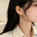 Elegant Chinese style freshwater pearl long dangle earrings with purple crystal beads. - Purple Crystal Drop Earrings (E2590)