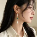 Freshwater pearl green aventurine long dangle earrings, elegant Chinese style variant. - Green Aventurine Baroque Pearl Earrings (E2468)