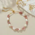 Perlen Erdbeequarz goldene verstellbare Armband Detailansicht elegante Damenschmuck - Natürliche Perle Erdbeerquarz Kies Armband