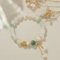 Chinesisches Vintage Natur-Süßwasserperle Kristall Armband Achat Goldmünze Schmuck - Weiß Grüner Jade Stil / Weiß-Grün