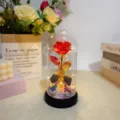 Glass dome eternal rose light with gold foil flower and couple figurine for romantic gift. - Acrylic Cover Warm Light / Multi-red