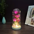 Detailed close-up view of a galaxy rose night light in glass dome with warm LED fairy lights. - Multicolor Rose Red