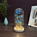 Gold foil rose flower glass dome night light with warm LED string lights for romantic gift. - Glass Dome with USB / Royal Blue