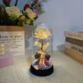 Romantic gold foil rose glass dome night light featuring cute couple figurines with led lights. - Acrylic Cover Warm Light / Shimmer White