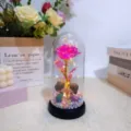 Glass dome eternal rose light detail, featuring gold foil flower and cute couple figurine inside. - Acrylic Cover Warm Light / Colorful Fuchsia