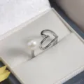 Korean style open heart silver ring with white pearl, adjustable size, elegant women jewelry. - Silver