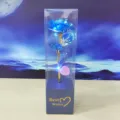 Colorful gold foil artificial rose flower with LED string lights in clear gift box detail view. - Metallic Blue + Heart-Shaped Light