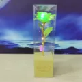 Detailed view of the glowing gold foil rose inside its elegant transparent packaging box. - Metallic Emerald Green + Heart-Shaped Light