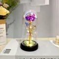 Galaxy gold foil rose in glass dome with LED light string for romantic gift decor. - Colorful Purple Warm Light