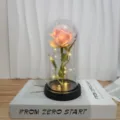 LED glass dome rose light close-up, romantic pink flower night light detail in warm glowing ambiance. - Acrylic Dome / Pink