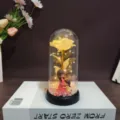 Gold foil rose eternal flower glass dome with mother child doll, perfect Mothers Day gift. - Shimmer White