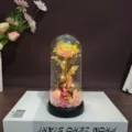 Gold foil rose glass dome gift with mother child figurine and LED lights for home decor. - Iridescent White