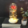 Exquisite gold foil rose glowing inside a clear glass dome with warm LED fairy lights. - Warm Light (Wood, Color Gold Red)