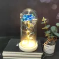 LED Galaxy Rose Flower in Glass Dome with Wooden Base Valentine's Day Gift Decor - Warm Light (Wood, Color Gold Blue)