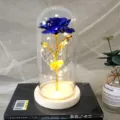 Blue gold foil rose in glass dome with LED lights, romantic gift for Valentine and birthday. - Warm Light (Wood & Gold Leaf Flower, Blue)
